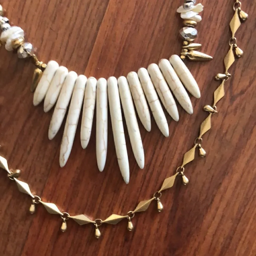 Stella & Dot Gold three tiered long necklace bohemian style.